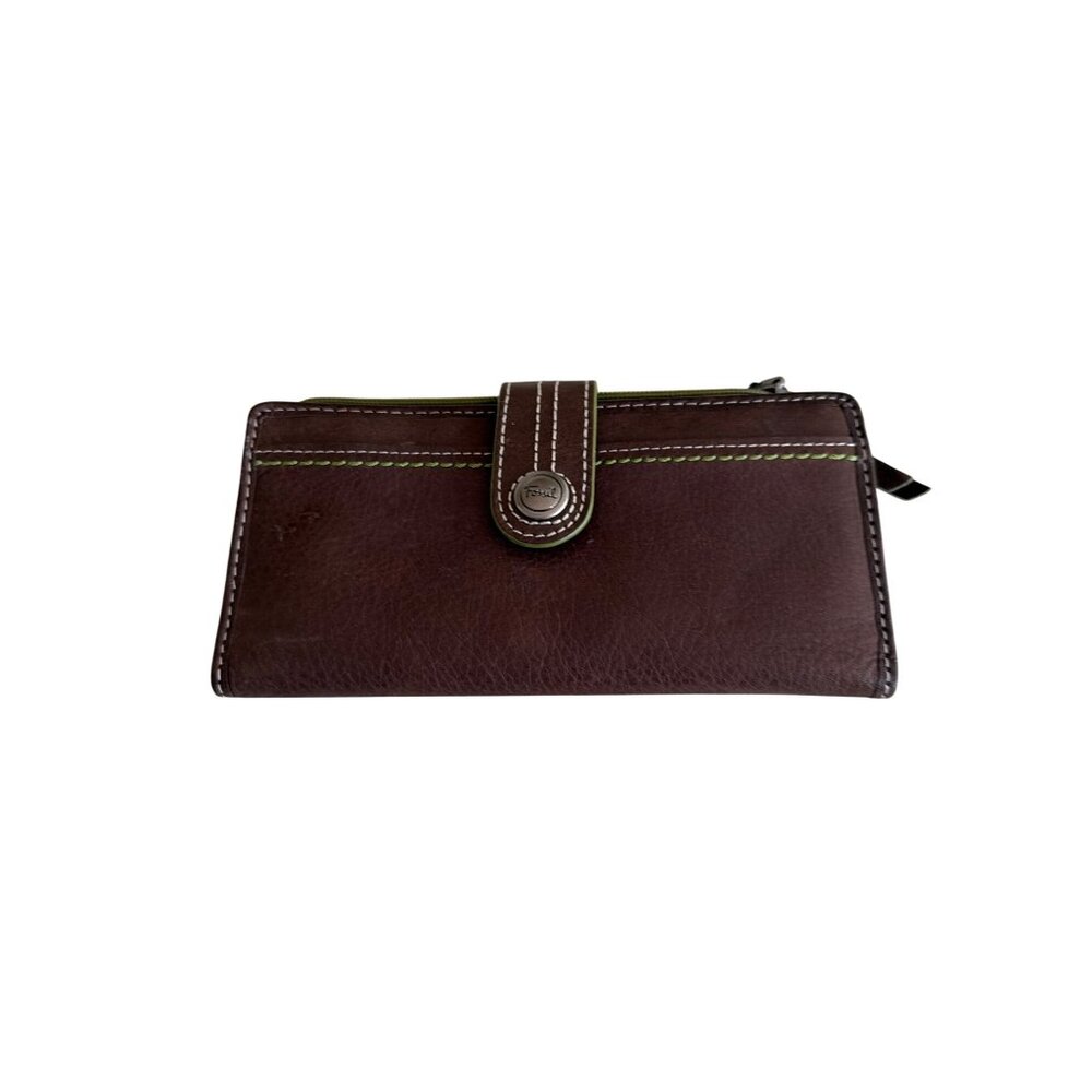 Fossil‎ Brown Leather Wallet With Green Interior & Snap Closure